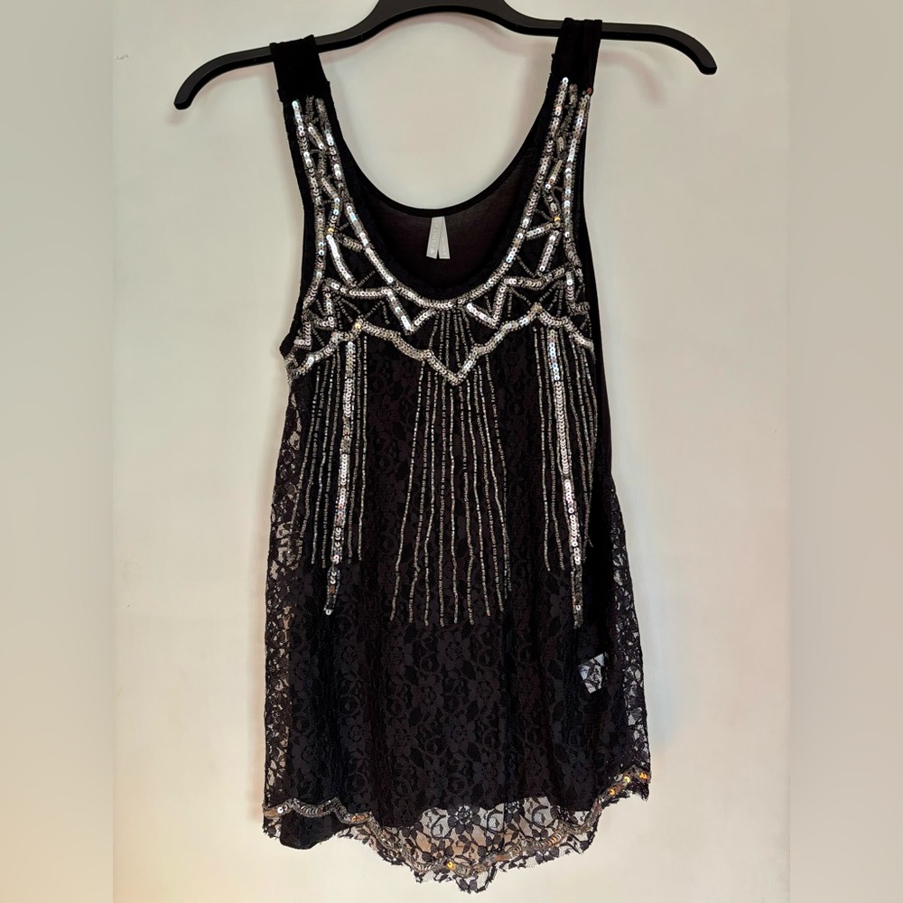 Vanity Black Lace Tank with Silver Sequin Fringe